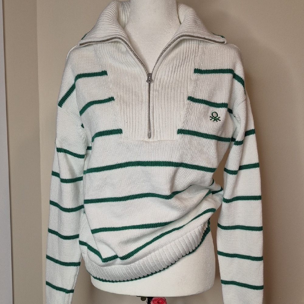 United Colors Of Benetton White and Green Striped Turtleneck Sweater